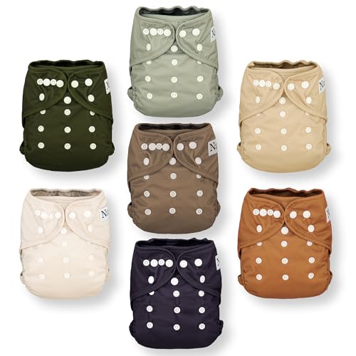Nora's Nursery Cloth Diapers 7 Pack with 7 Inserts & 1 Wet Bag - Waterproof Cover, Washable, Reusable & One Size Adjustable Pocket Diapers for Newborns and Toddlers - Down to Earth