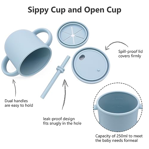 Tinker'sTreats - Silicone Baby Feeding Set, Baby Led Weaning Supplies, Suction Plates for Baby, Suction Bowls for Baby, Baby Silverware Set, Baby Utensils, Feeding Supplies (Blue)