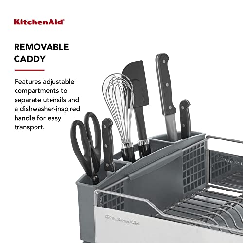KitchenAid Large Capacity,Full Size, Rust Resistan Dish Rack with Self Draining Angled Drain Board and Removable Flatware Caddy, Light Grey, Gray