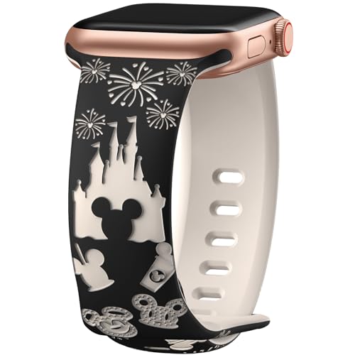 Cartoon Engraved Band Compatible with Apple Watch Bands 40mm 38mm 44mm 45mm 41mm 42mm 49mm Women, Two-Tone Cute Soft Silicone Sport Strap for iWatch Series 9/8/SE/7/6/5/4/3/2/1