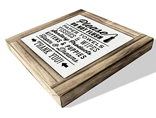 Funny Restroom Wood Plaque Sign, Do Not Flush Paper Towels Kittens, Box Wood Plaques Desk Décor 5.9×5.9×0.7inch, Bathroom Décor Sign, Humorous Bathroom Notice Plaques, Restroom Shelf Art Décor