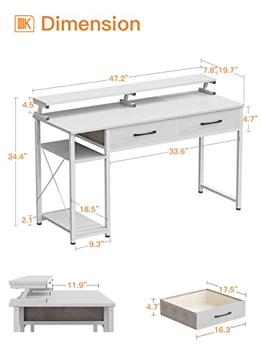 ODK Computer Desk with Drawers and Storage Shelves, 47 inch Home Office Desk with Monitor Stand, Work Study PC Desk for Small Spaces, White