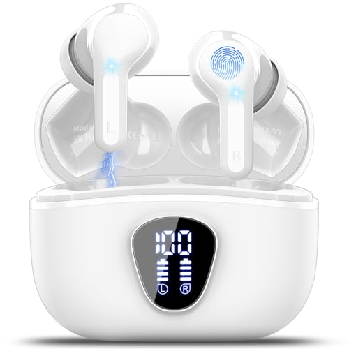 Wireless Earbuds Bluetooth 5.3 Headphones, 40H Playback HiFi Stereo Ear Buds with LED Display, Noise Cancelling Earbuds, IP7 Waterproof in-Ear Earphone for iOS Andriod Sport/Workout/Running/White