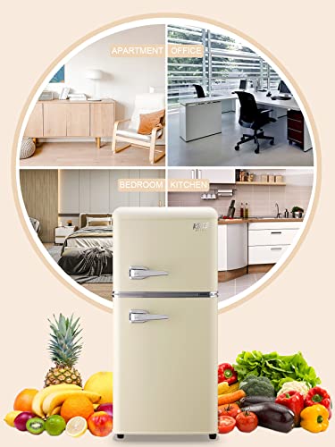 KRIB BLING 3.5 Cu.ft Compact Refrigerator, Mini Fridge with Freezer, Retro Design Small Refrigerator with 2 Door, 7 Level Thermostat for Home, Office, Dorm or Apartment, Cream white
