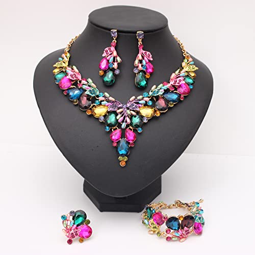 Jewelry Set for Women, Statement Necklace Dangle Earrings Bracelet Ring, White/KC Gold Plated Jewelry Set with Rhinestone Pearl Crystal Wedding Party Jewelry for Bridal Bridesmaid