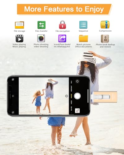 256GB USB Flash Drive for Phone and Pad, Photo Stick High Speed External USB Thumb Drives Photo Storage Memory Stick for Save More Photos and Videos (Gold, 256GB)
