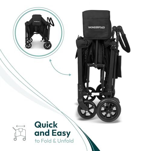WONDERFOLD W2 Original Double Stroller Wagon Featuring 2 High Seats with 5-Point Harnesses, Easy-Access Front Zipper Door, and Removable UV-Protection Canopy, Black