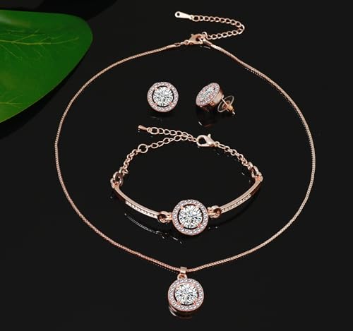 Women 4Pieces Cubic Zirconia Jewellery Set Rhinestone Necklace Earrings Bracelet Ring