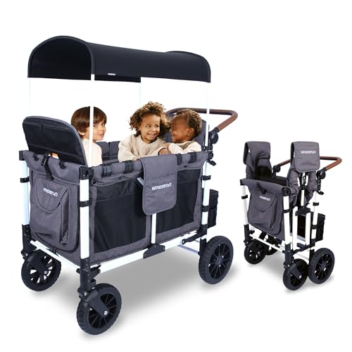 WONDERFOLD W4 Luxe Quad Stroller Wagon (4 Seater) - Collapsible Wagon Stroller with Seats with Magnetic Buckle 5-Point Harnesses and Adjustable Sun Canopy, Charcoal Gray-White Frame