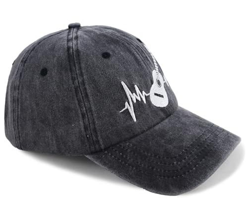 Guitar Heartbeat Hats for Guitarist Musician, Adjustable Embroidered Vintage Cotton Baseball Caps for Men Women