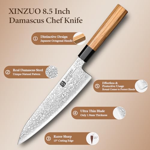 XINZUO 5 Pieces Kitchen Knife Set without Block, Hand Forged 67 Layers Damascus Steel Professional Chef Knife Set, Ultra Sharp,Olive Wood Octagonal Handle, Gift Box