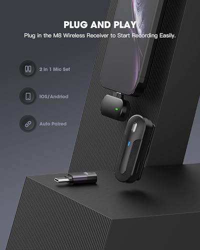 Wireless Lavalier Microphones for iPhone,Android,2 Pack 2.4G Clip on Lapel Mini Mic with Noise Cancellation for Video Recording,Interview,Vlog,Live Streaming