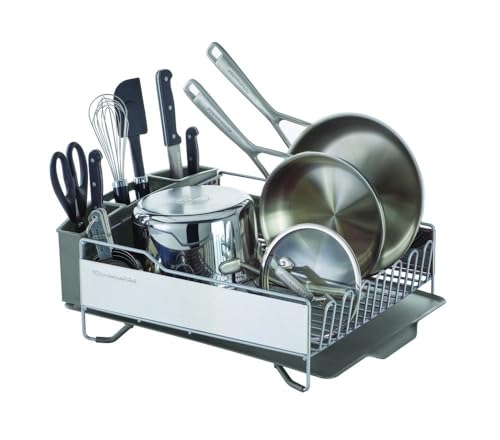 KitchenAid Large Capacity,Full Size, Rust Resistan Dish Rack with Self Draining Angled Drain Board and Removable Flatware Caddy, Light Grey, Gray