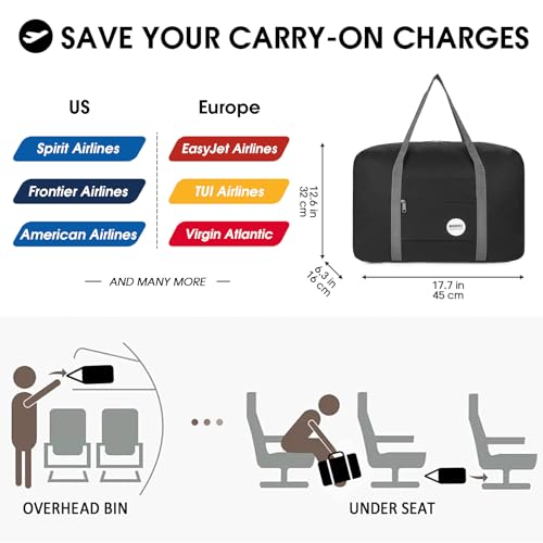 WANDF For Spirit Airlines Personal Item Bag 18x14x8 Travel Duffel Bag Underseat Foldable Carry-on Luggage for Women（A-Black）