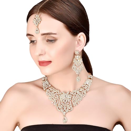 Touchstone Indian jewelry sets for women bollywood wedding bridal necklace desi earrings formal fancy rhinestone India designer jewellery punjabi tikka set in antique gold or silver or white tone