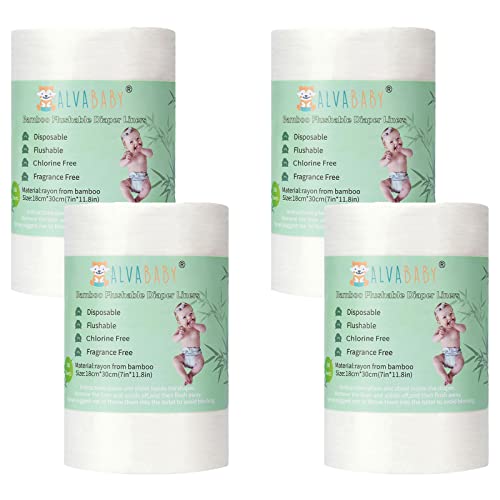 ALVABABY Diaper Liners 4 Rolls for Baby Cloth Diaper 11.8 x 7.1 Inch Disposable Natural Soft Compostable Fragrance Free and Chlorine Free 400 Sheets