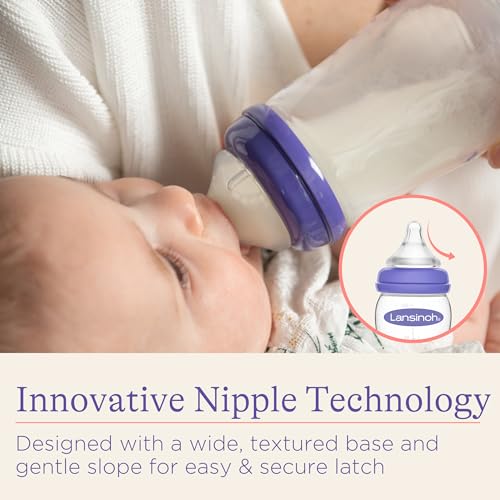 Lansinoh Anti-Colic Baby Bottles for Breastfeeding Babies, 5 Ounces, 3 Count, Includes 3 Slow Flow Nipples, Size S