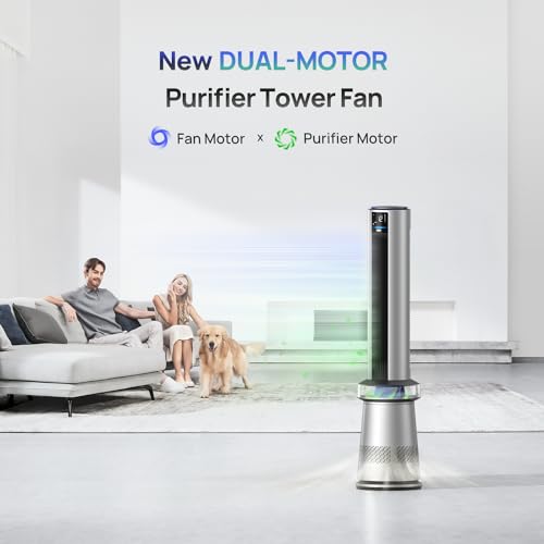 Dreo Air Purifier Tower Fan, 45" 2-in-1 Smart Fan for Bedroom, 27ft/s Velocity, 120°Oscillation, 24H Timer, APP Control Bladeless Fans for Home, 25dB Low Noise, Standing Fan Works with Alexa, MC710S