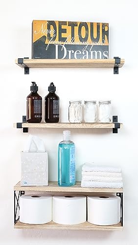 2 Moons Floating Shelves, Real Wood Wall Mounted for Bathroom, Living Room, Bedroom, Kitchen, 4 Shelf Group for Books, Storage, Plants, Decor, Over Toilet Paper (Light Brown)