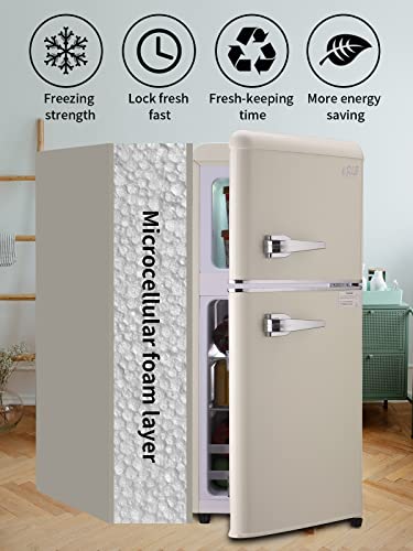 KRIB BLING Retro Refrigerator with Freezer 3.5 Cu.Ft with 7 Level Adjustable Thermostat Control 2 Door Energy Saving Top-Freezer Compact Refrigerator Cream