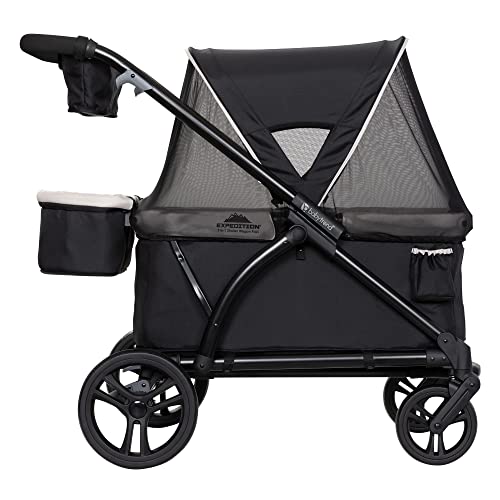Baby Trend Expedition 2-in-1 Collapsible Stroller Wagon Plus with Canopy, Storage Basket, 2 Storage Trays, and 6 Bottle Holders, Modern Khaki