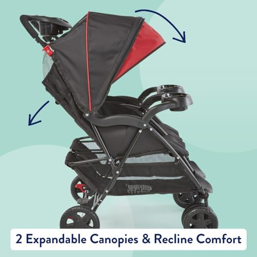 Kolcraft Cloud Plus Side-by-Side Lightweight Double Baby Stroller and Toddler Stroller with Reclining Seats, Child and Parent Trays, Large Storage, Extendable Canopies, Compact Fold - Red/Black