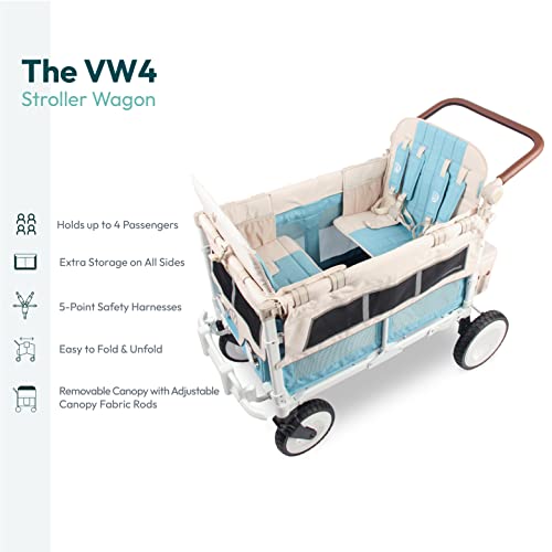 WONDERFOLD Volkswagen Quad Stroller Wagon (4 Seater) - Collapsible Wagon Stroller with VW Bumper, Functioning Headlights, and All-Terrain XL Wheels, Bondi Blue