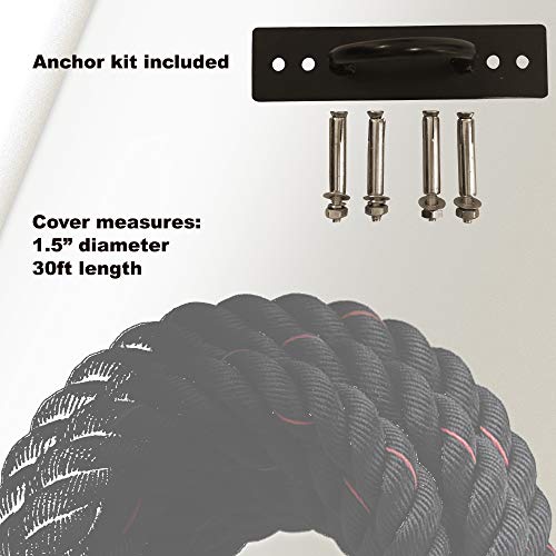 Battle Ropes with Anchor Kit, Perfect Workout Ropes for Home Gym or Outdoor. Poly Dacron Exercise Rope for Professional, 30 ft x 1.5