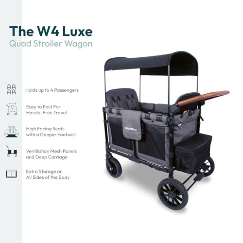 WONDERFOLD W4 Luxe Quad Stroller Wagon (4 Seater) - Collapsible Wagon Stroller with Seats with Magnetic Buckle 5-Point Harnesses and Adjustable Sun Canopy, Charcoal Gray-Black Frame