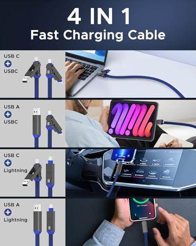 4 in 1 USB C Cable Lightning Cable PD 60W/3A Fast Charging & Data Sync Flat Braide Multi Charging Cable Lightning/Type C/USB A Ports for iPhone 15/15 Pro/15 Plus/15 PM iPad MacBook Samsung, 5ft Blue