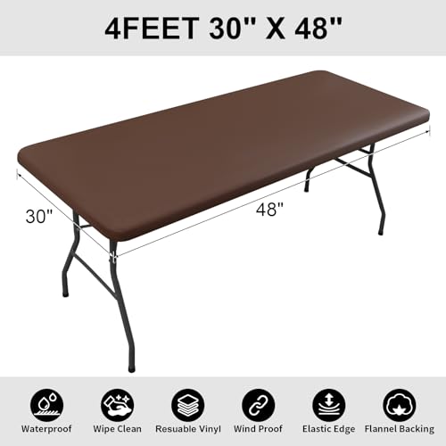 smiry Rectangle Tablecloth, Elastic Fitted Flannel Backed Vinyl Tablecloths for 4ft Folding Tables, Waterproof Wipeable Table Covers for Indoor, Outdoor, Picnic and Camping (Coffee, 30"x48")