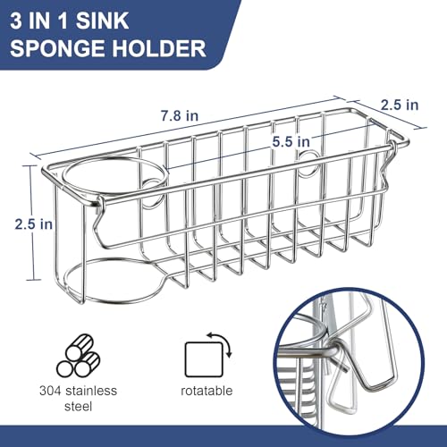 3-In-1 Sponge Holder for Kitchen Sink, 2 Suspension Options(Suction Cups & Adhesive Hook), Hanging Sink Caddy Organizer Rack - Sponge, Dish Cloth, Brush, Scrubber, Soap Tray, 304 Stainless Steel