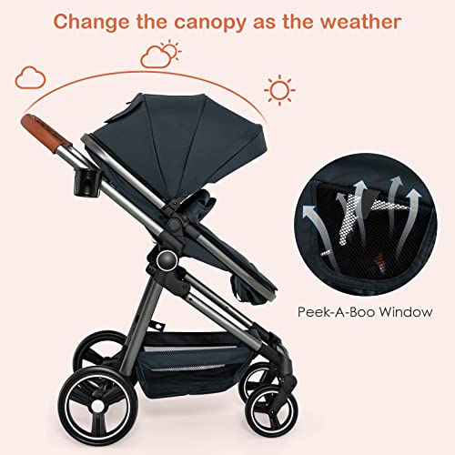 INFANS 2 in 1 High Landscape Convertible Baby Stroller, Newborn Reversible Bassinet Pram, Foldable Pushchair with Adjustable Canopy, Aluminum Structure, 5-Point Harness for Infant Toddler (Black)