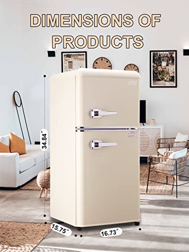 KRIB BLING 3.5 Cu.ft Compact Refrigerator, Mini Fridge with Freezer, Retro Design Small Refrigerator with 2 Door, 7 Level Thermostat for Home, Office, Dorm or Apartment, Cream white
