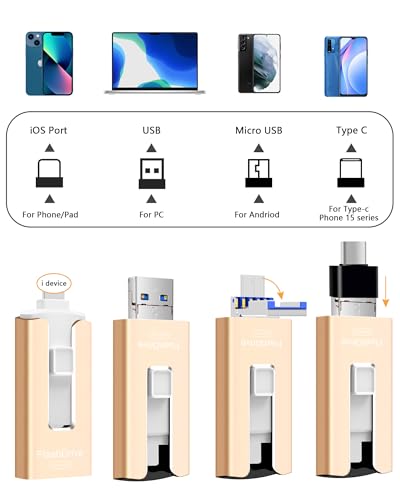 256GB USB Flash Drive for Phone and Pad, Photo Stick High Speed External USB Thumb Drives Photo Storage Memory Stick for Save More Photos and Videos (Gold, 256GB)