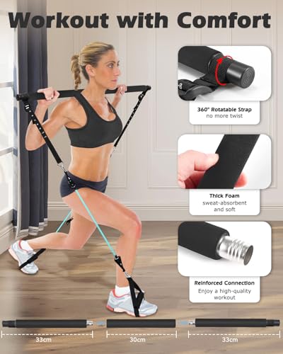 Zacro Pilates Bar Kit with Resistance Bands, 3-Section Pilates Bar with Adjustable Strap, Door Anchor, Handles and Foot Strap, Portable Home Gym Pilates Resistance Bar Kit for Full Body Workouts
