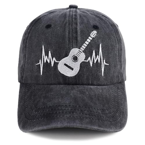 Guitar Heartbeat Hats for Guitarist Musician, Adjustable Embroidered Vintage Cotton Baseball Caps for Men Women
