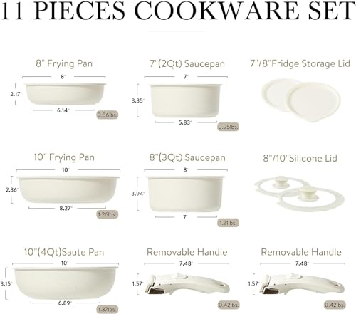 CAROTE 11pcs Pots and Pans Set Non Stick, Cookware Sets Detachable Handle, Induction RV Kitchen Set Removable Handle, Oven Safe, Cream White