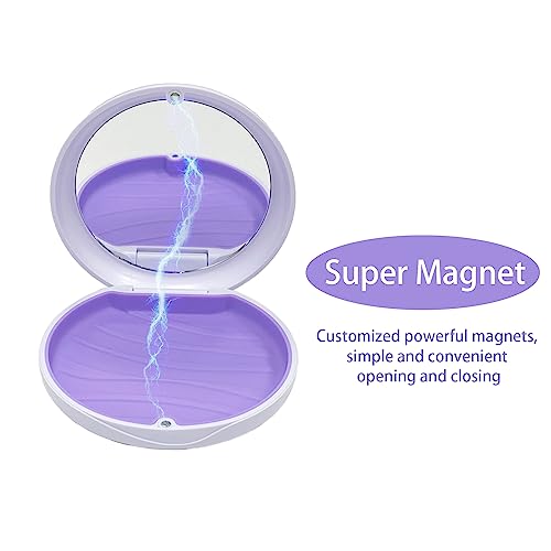Retainer Case,Aligner Case with Mirror,Round Retainer Holder with Aligner Remover Tool, Chew & Brush,Rope Bag Sets (White Shell Purple Silicone)