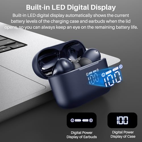 TOZO T20 Wireless Earbuds Bluetooth Headphones 48.5 Hrs Playtime with LED Digital Display, IPX8 Waterproof, Dual Mic Call Noise Cancelling 10mm Broad Range Speakers with Wireless Charging Case Blue