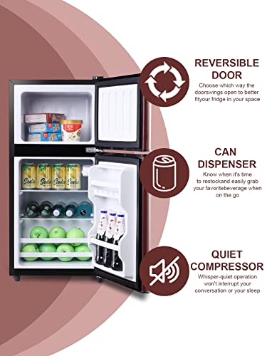 KRIB BLING Mini Fridge With Freezer,3.5 Cu. Ft Compact Refrigerator With 2 Doors,7- Level Adjustable Thermostat, Removable Glass Shelves For Bedroom, Office, Kitchen, Apartment, Dorm,Wood