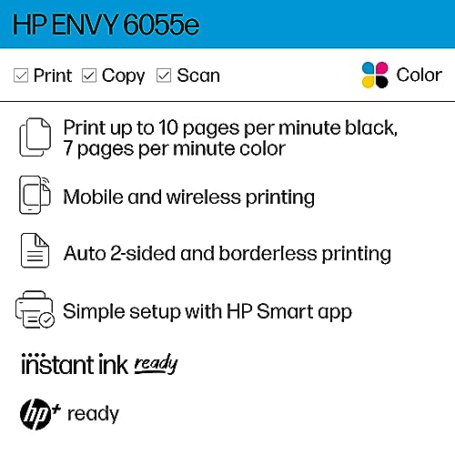 HP ENVY 6055e Wireless Color Inkjet Printer, Print, scan, copy, Easy setup, Mobile printing, Best-for-home, Instant Ink with HP+ (3 months included),white