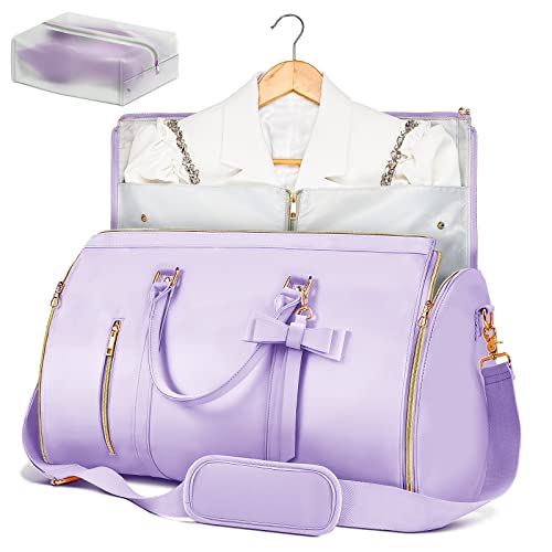 Garment Bags for Travel for Women, Stylish Garment Duffle Bag, Convertible & Foldable 2 in 1 PU Suit Bag For Hanging Clothes, Business Trip Bag With Toiletry Pocket & Shoes Compartment, Purple