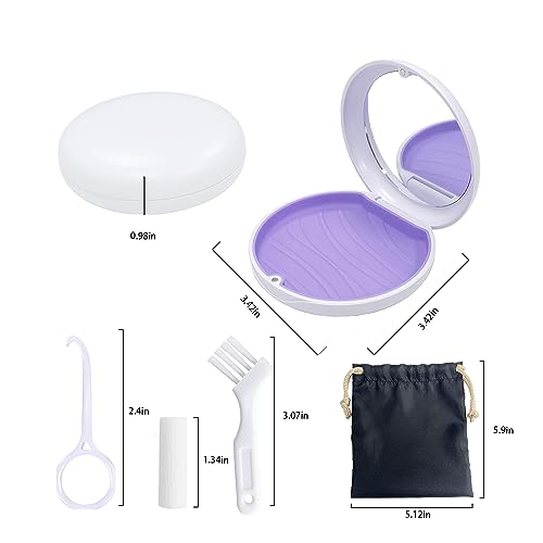 Retainer Case,Aligner Case with Mirror,Round Retainer Holder with Aligner Remover Tool, Chew & Brush,Rope Bag Sets (White Shell Purple Silicone)