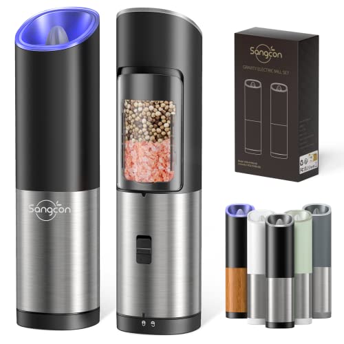 Sangcon Electric Salt & Pepper Grinder Set, Battery Powered with LED Light, Adjustable Coarseness, Safety Switch, Stainless Steel, 2 Pack