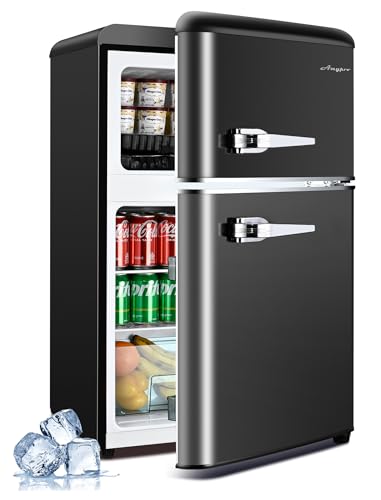 3.2 Cu.Ft Compact Refrigerator Mini Fridge with Freezer, Retro Double Door Small Fridge, 7 Level Thermostat Removable Shelves, Small Refrigerator for Dorm, Office, Bedroom, Black