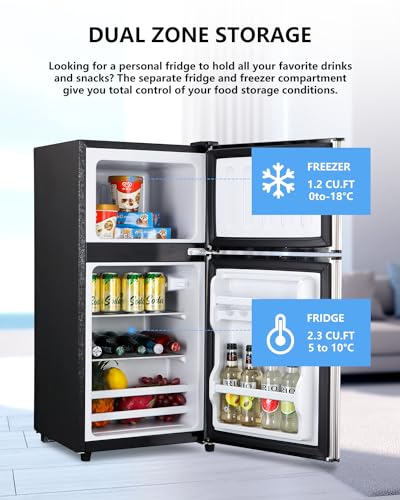 FLS-80-SILVER 3.5Cu.Ft Compact Refrigerator, Small Refrigerator with freezer, Retro Fridge with Dual Door, 7 Level Adjustable Thermostat for Garage, Dorm,Bedroom, Office, Apartment