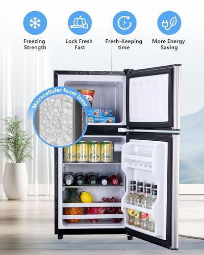 FLS-80-SILVER 3.5Cu.Ft Compact Refrigerator, Small Refrigerator with freezer, Retro Fridge with Dual Door, 7 Level Adjustable Thermostat for Garage, Dorm,Bedroom, Office, Apartment