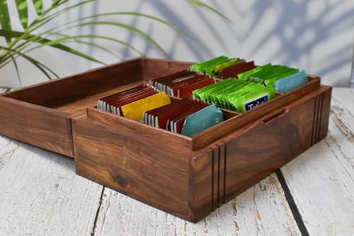 Wooden Tea Box - Tea Box for Tea Bags Organiser - Engraved Hardwood Tea Chest with 6 Compartments - Tea Storage Box Multi Functional - Wood Tea Box Organiser - 10 x6 inch (6 compartment box)
