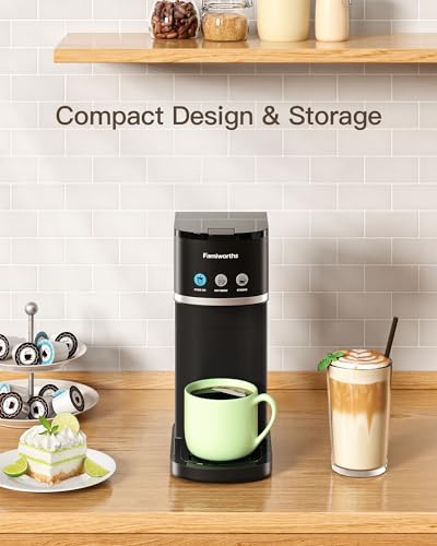 Famiworths Single Serve Coffee Maker, Iced and Hot Coffee Machine for K Cup & Ground Coffee, 6 to 16 Oz Brew Sizes, Fit 8.5" Travel Mug, Capsule Coffee Machine with Descaling Reminder, Black